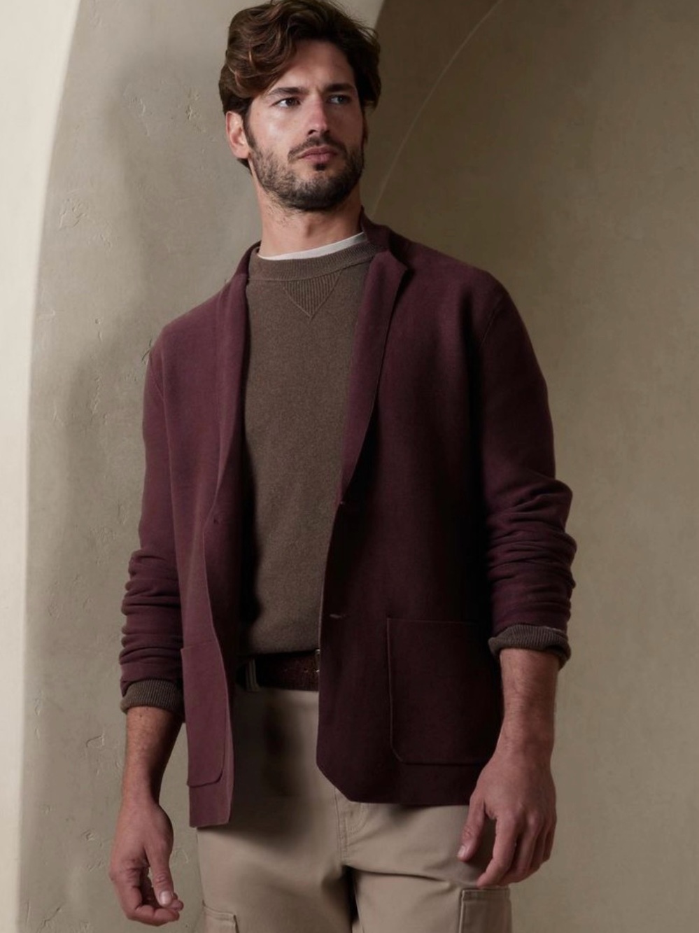Banana Republic Men's Burgundy Knit Blazer with Supima Cotton Crewneck Sweater L